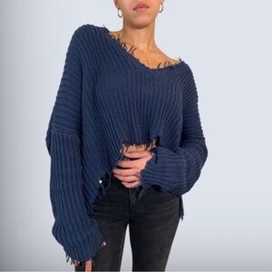 NWOT Skylar + Madison Royal Blue Raw Hem Distressed Oversized Sweater Size S